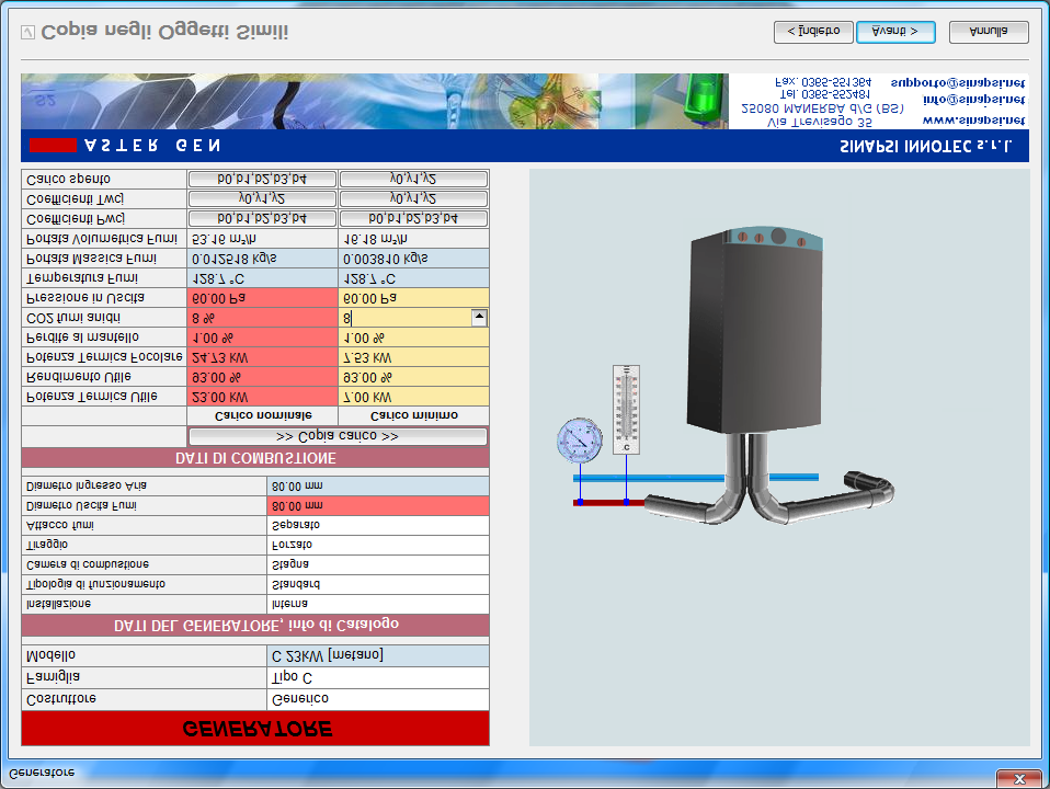 19. FINESTRA GENERATORE: Selezione delle caratteristiche del generatore: GENERATORE: Costruttore: Generico Famiglia: Tipo C Modello: tipo C 23 kw DATI DEL GENERATORE: Sono caricati dall archivio le