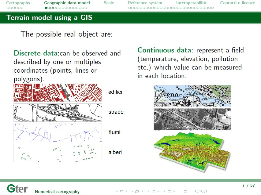 Dati digitali I dati cartografici digitali che rappresentano informazioni spaziali possono essere descritti mediante due diversi modelli concettuali: campi ed entità Gli oggetti nella realtà possono