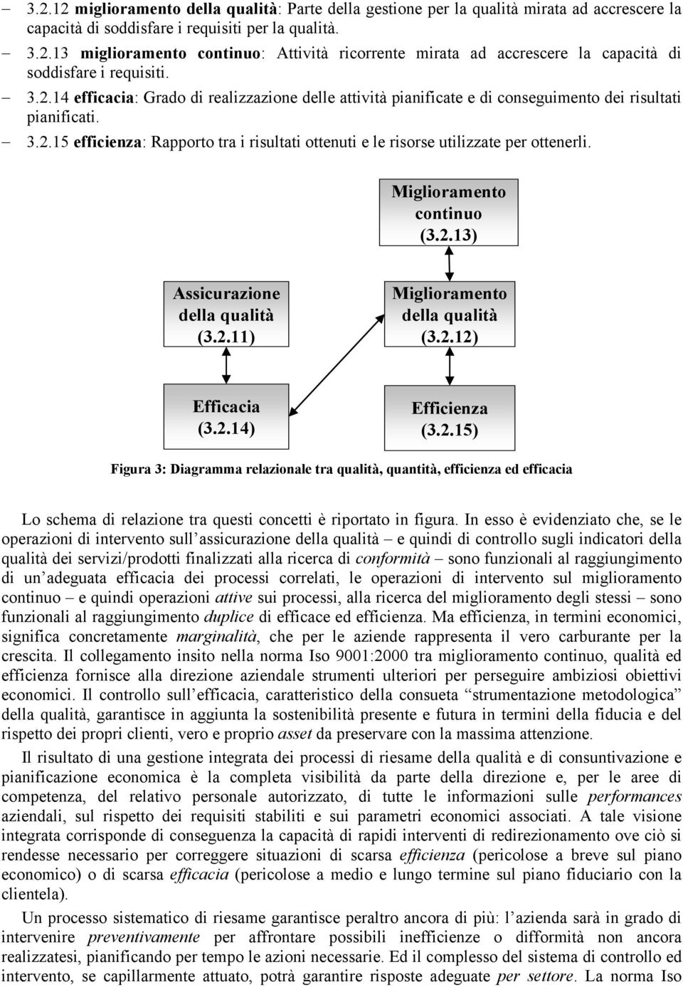 Miglioramento continuo (3.2.13) Assicurazione della qualità (3.2.11) Miglioramento della qualità (3.2.12) Efficacia (3.2.14) Efficienza (3.2.15) Figura 3: Diagramma relazionale tra qualità, quantità, efficienza ed efficacia Lo schema di relazione tra questi concetti è riportato in figura.