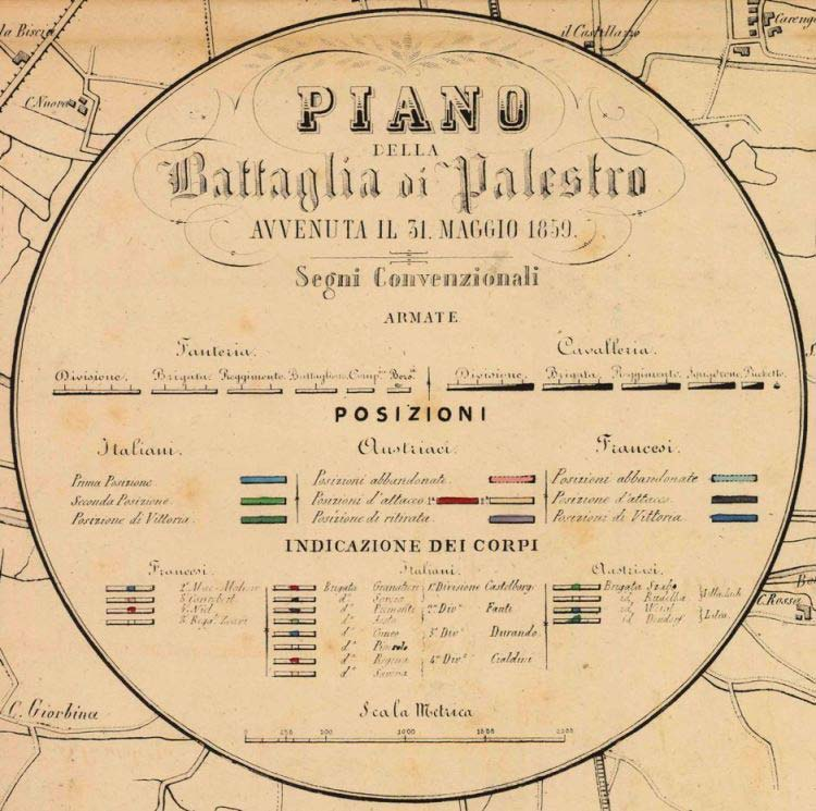 PIANO della BATTAGLIA DI PALESTRO avvenuta il 31 maggio 1859 s.l. [Firenze] Litografia Del Buono e Borrani s.d. [Sec. XIX, seconda metà] Scala metrica: m. 2000 = mm.
