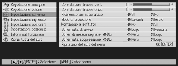 Operazioni con le schermate del menu di setup Questa sezione spiega le operazioni sul proiettore che bisogna eseguire per configurare le impostazioni del menu di setup.