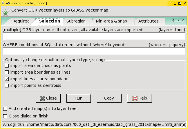 Importazione dati vettoriali - shape ESRI Command dialog,