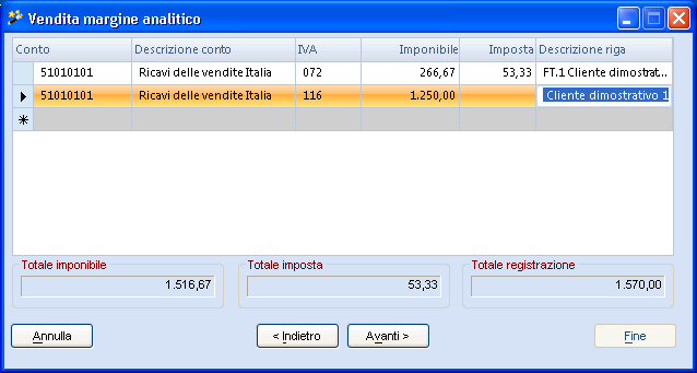 In questa griglia occorre selezionare il bene oggetto della vendita, specificare l importo del corrispettivo e il Codice IVA da utilizzare per effettuare lo scorporo dell IVA dal margine calcolato.