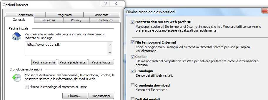 *Cancellazione cronologia, cache e cookie In Internet Explorer: dal menu Strumenti selezionare Opzioni Internet e nella sezione Cronologia