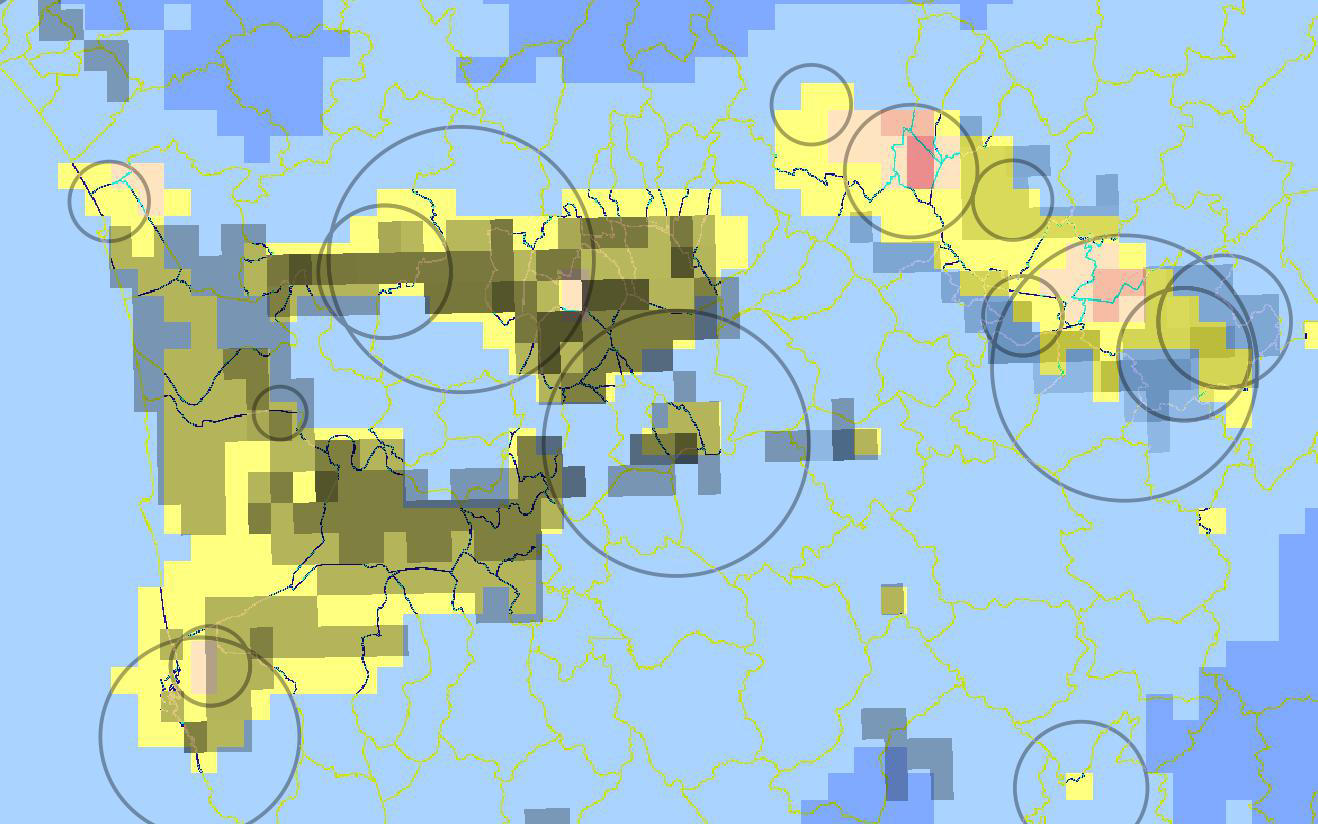 Mappa di potenziale criticità per il PM10 sovrapposta alla rappresentatività spaziale delle stazioni di rete regionale Di seguito si riporta la mappa di dettaglio per l