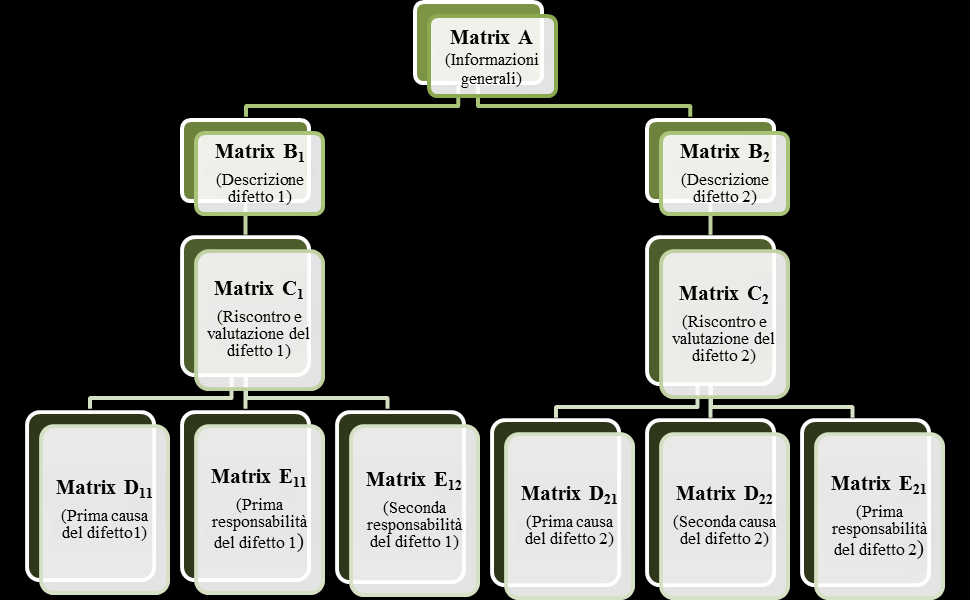 MATRICE C La matrice C è finalizzata alla descrizione delle modalità di riscontro del difetto e, se questo è presente, alla quantificazione del livello di compromissione, costi e tempi di ripristino.