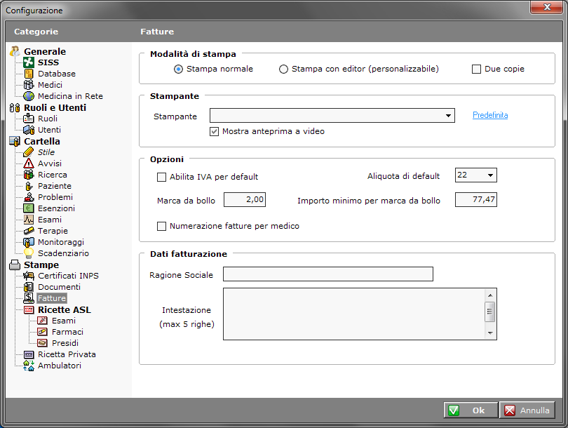 Configurazione Fatture Andare nel menu in alto Opzioni > Configurazioni > Fatture Modalità di stampa Selezionare la voce Stampa Normale se il programma è utilizzato da un solo Medico su questo pc.