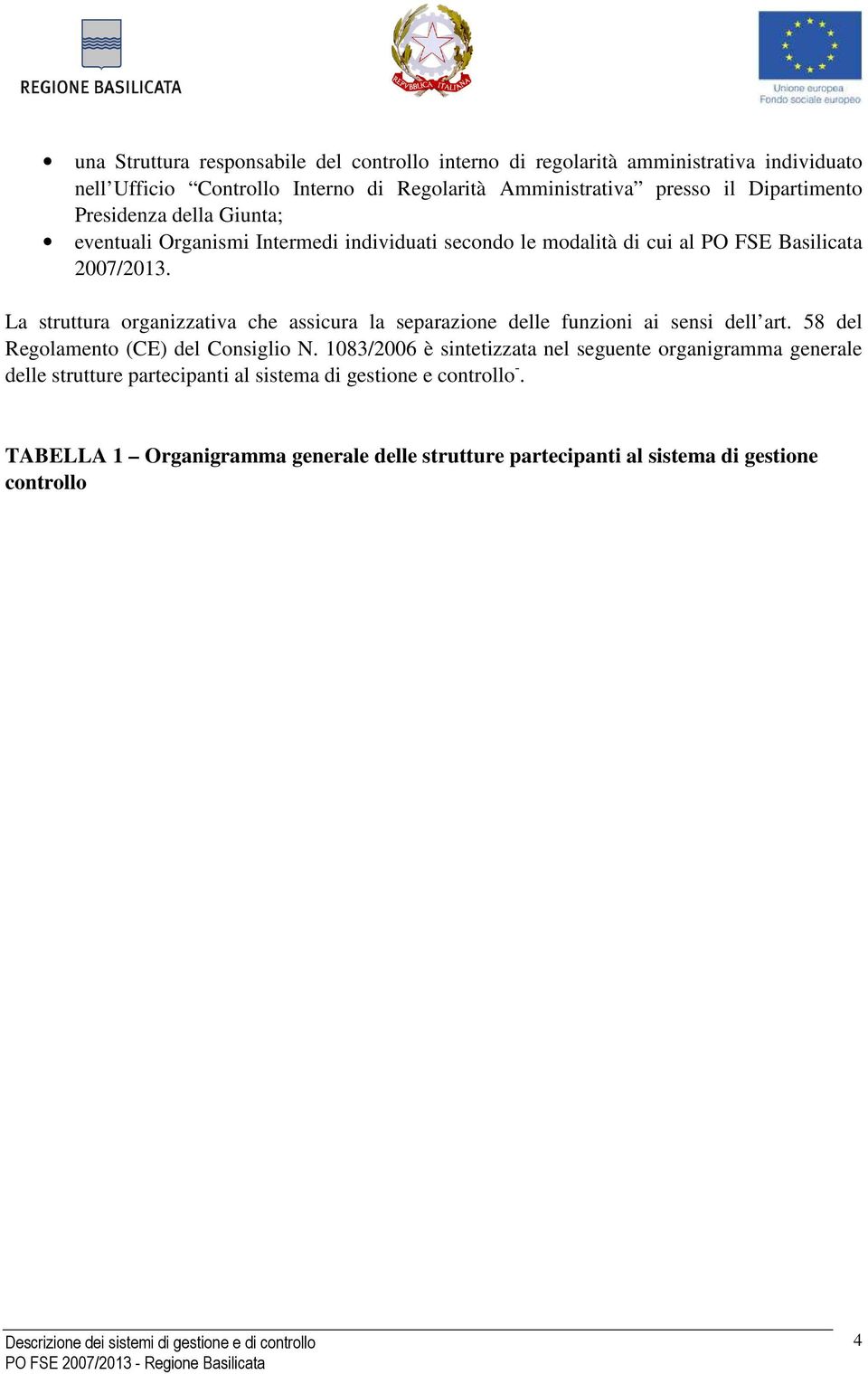 La struttura organizzativa che assicura la separazione delle funzioni ai sensi dell art. 58 del Regolamento (CE) del Consiglio N.