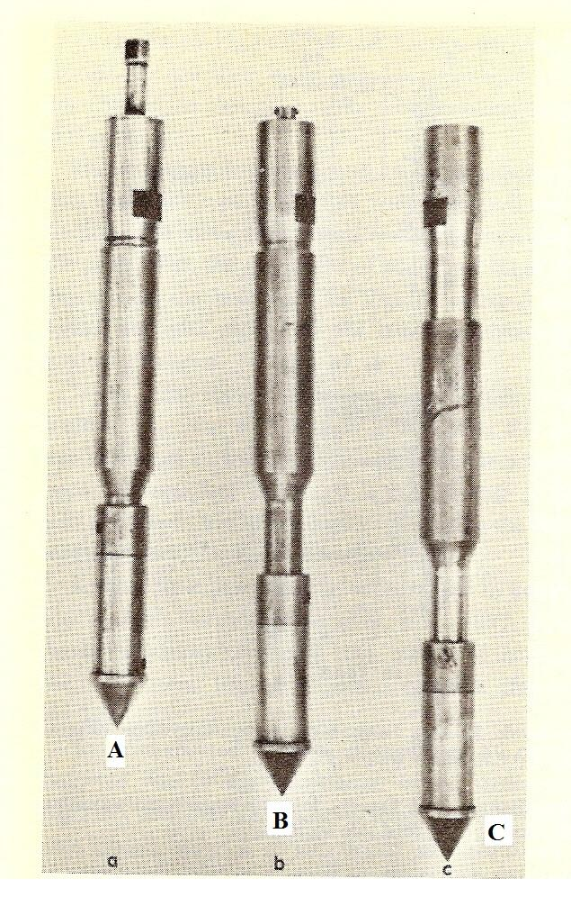 La prova CPTM: la punta Begemann (1953) A posizione iniziale B mediante l asta interna collegata alla punta si avanza la stessa per 4 cm e si misura la resistenza; il manicotto viene agganciato C la