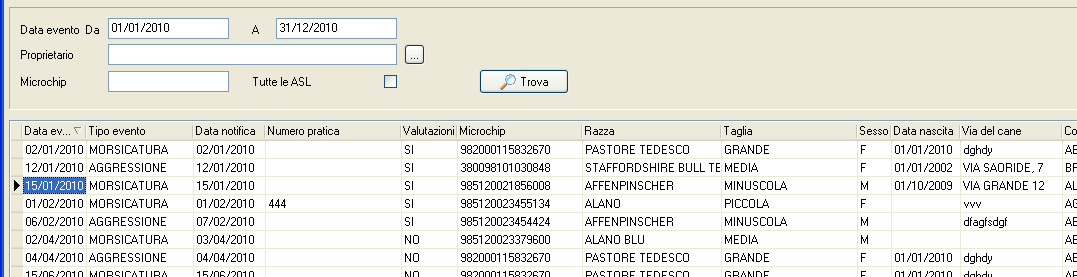 Lista Eventi Permette di visualizzare l elenco degli eventi di morsicatura/aggressione registrati in anagrafe.