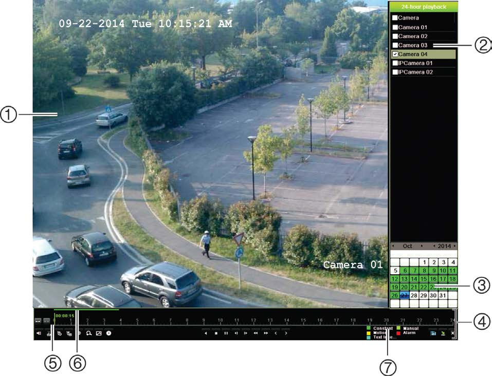 Capitolo 6: Funzionalità di riproduzione Figura 11: Finestra riproduzione (riproduzione su 24 ore visualizzata) 1. Visualizzatore riproduzione. 2. Pannello telecamera.