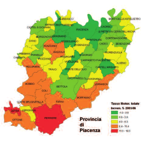 8 SEZIONE MONOGRAFICA Tasso di motorizzazione totale dei comuni della provincia di Piacenza, in veic./100 abit. 2006 e incr. 2003/2006.