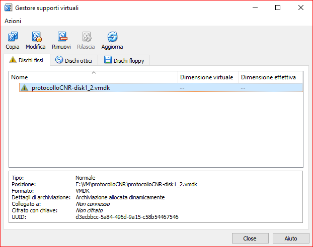 Per eliminare questo errore si deve annullare l importazione e scegliere il Gestore supporti virtuali sotto il menu File : Appare il dialogo per la gestione dei supporti virtuali dove è presente il