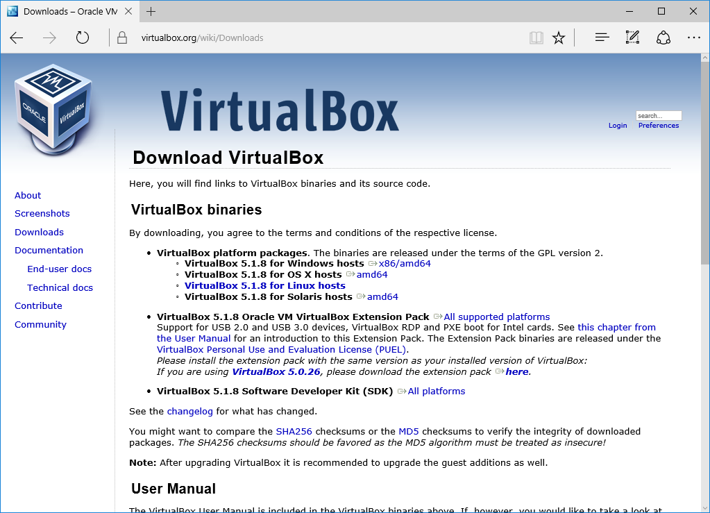 Ottenere la pagina di download con Download VirtualBox 5.