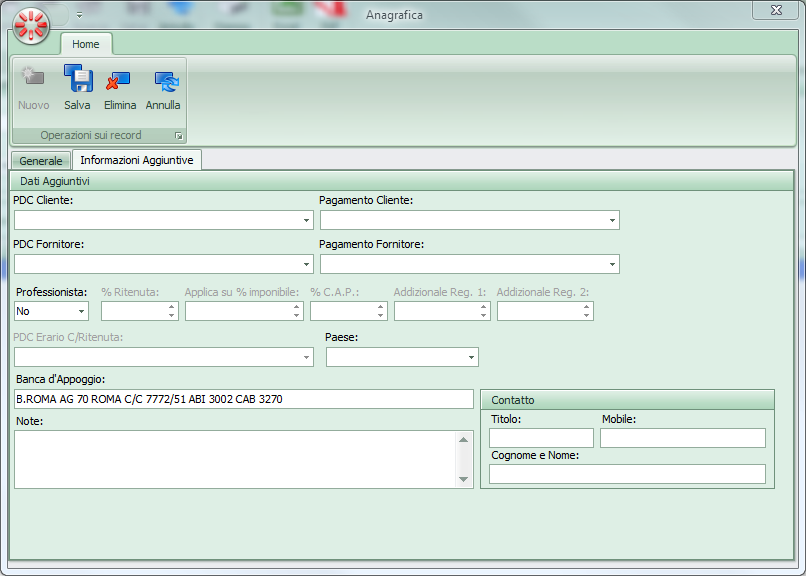 Per inserire una nuova anagrafica si clicca su Nuovo e si apre una nuova finestra in cui si dovranno inserire tutti i campi presenti sia sulla pagine Generale che su quella Informazioni aggiuntive.