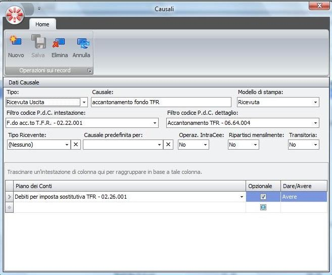 Occorre quindi inserire: - Tipo: La tipologia della causale fa cambiare la modalità di registrazione e dei emissione della ricevuta; - causale: Descrizione della causale; - Filtro codice PDC