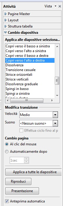 Effetti animati e multimediali Le animazioni permettono di mostrare le diapositive con vari effetti animati (al cambio della diapositiva).