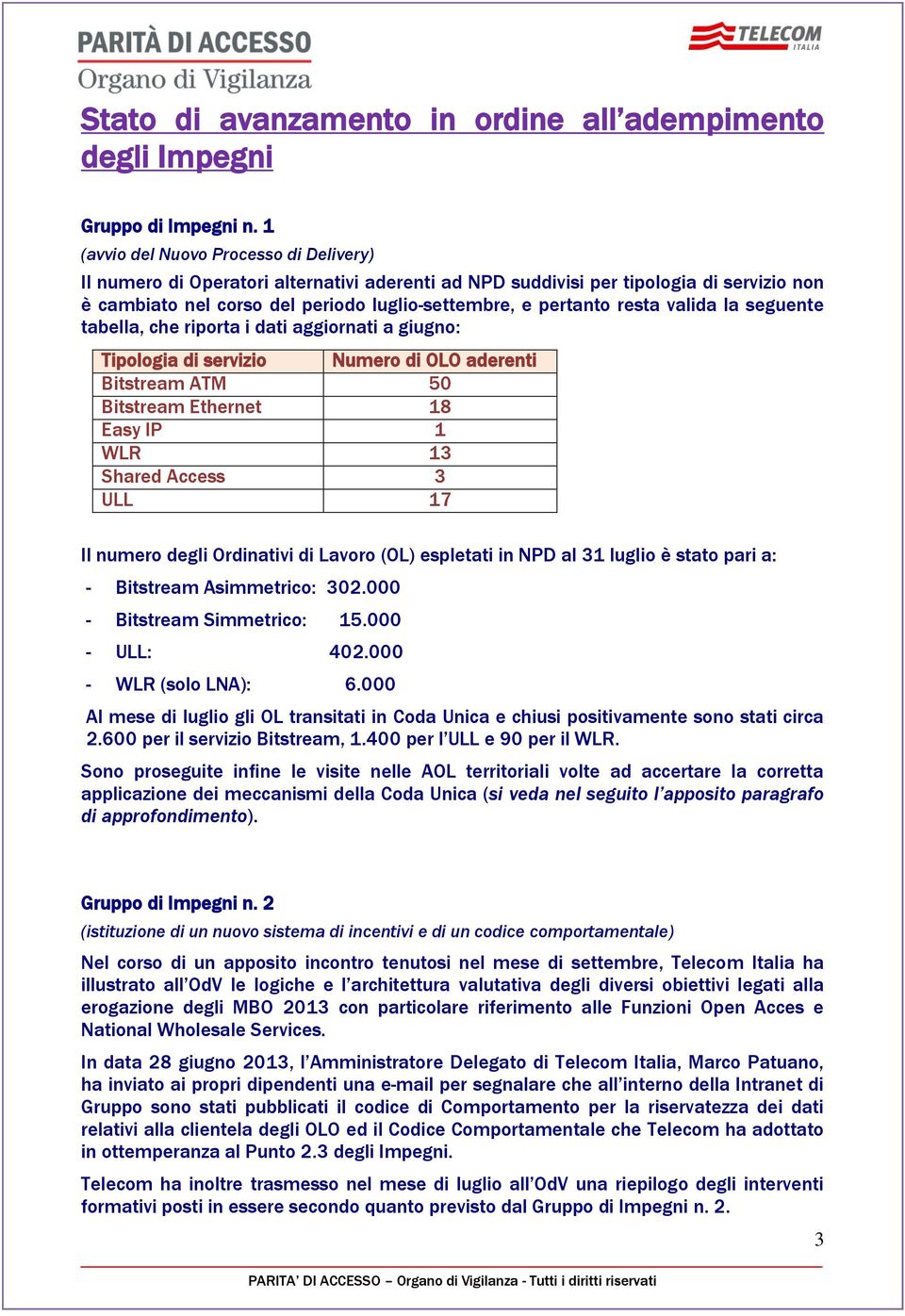 valida la seguente tabella, che riporta i dati aggiornati a giugno: Tipologia di servizio Numero di OLO aderenti Bitstream ATM 50 Bitstream Ethernet 18 Easy IP 1 WLR 13 Shared Access 3 ULL 17 Il