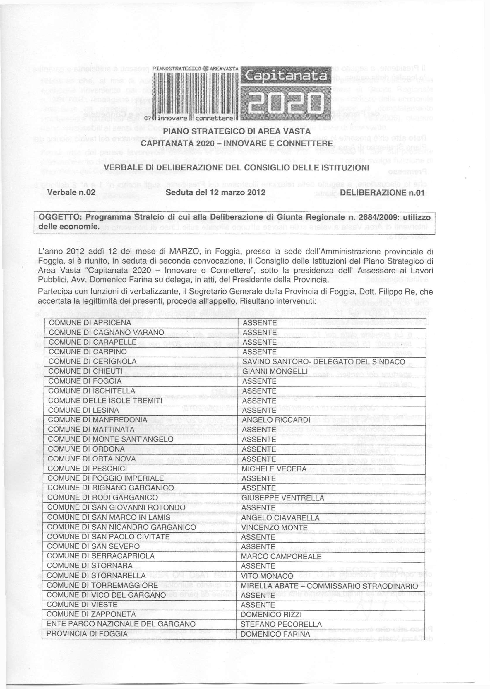 PIAWSTRATCGKO S AREAVASTA o?11 innovare Ili connettere PIANO STRATEGICO DI AREA VASTA CAPITANATA 2020 - INNOVARE E CONNETTERE VERBALE DI DELIBERAZIONE DEL CONSIGLIO DELLE ISTITUZIONI Verbale n.