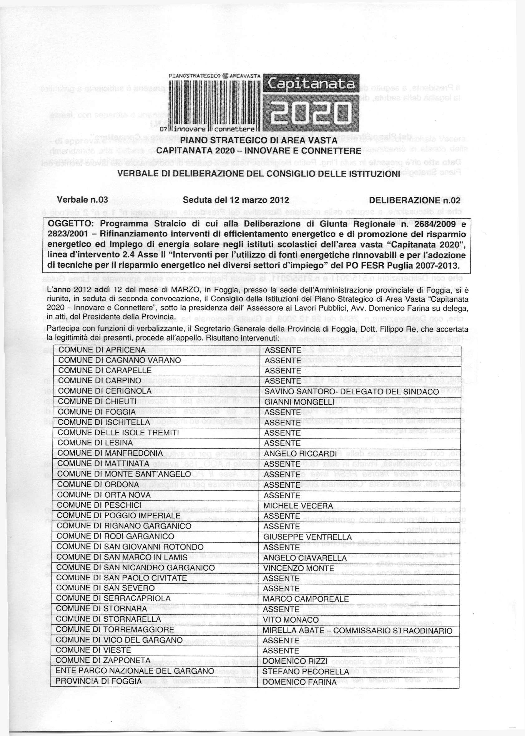 PIANO STRATEGICO DI AREA VASTA CAPITANATA 2020 - INNOVARE E CONNETTERE VERBALE DI DELIBERAZIONE DEL CONSIGLIO DELLE ISTITUZIONI Verbale n.03 Seduta del 12 marzo 2012 DELIBERAZIONE n.