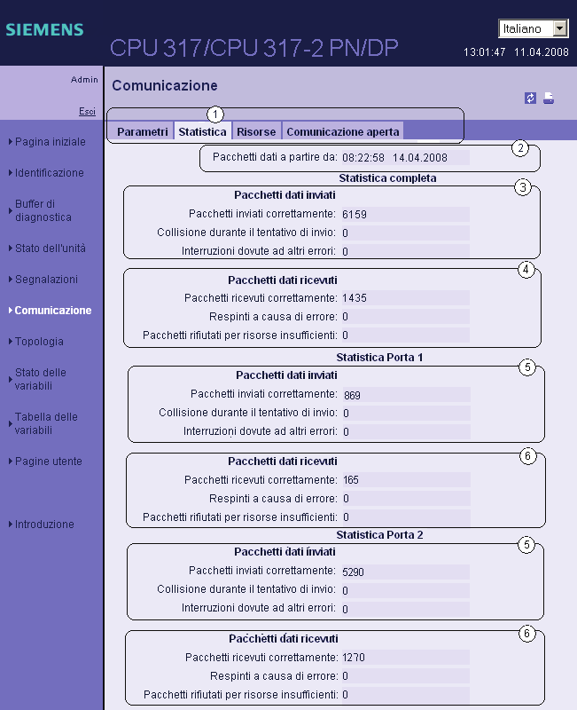 Comunicazione 3.7 Web server Scheda "Statistica" La scheda 1 "Statistica" fornisce informazioni sulla qualità della trasmissione dati.