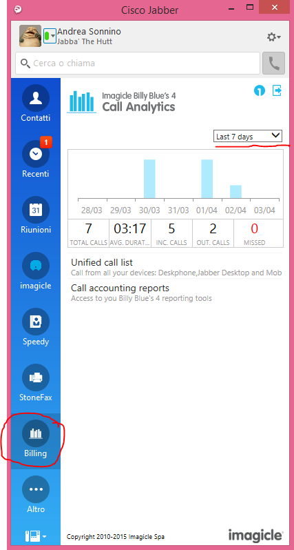 4 Gadget per Cisco Jabber Desktop per Windows Imagicle ha sviluppato due gadget specifici per Jabber Desktop, che consentono di accedere a informazioni di fatturazione e budget in tempo reale. 4.