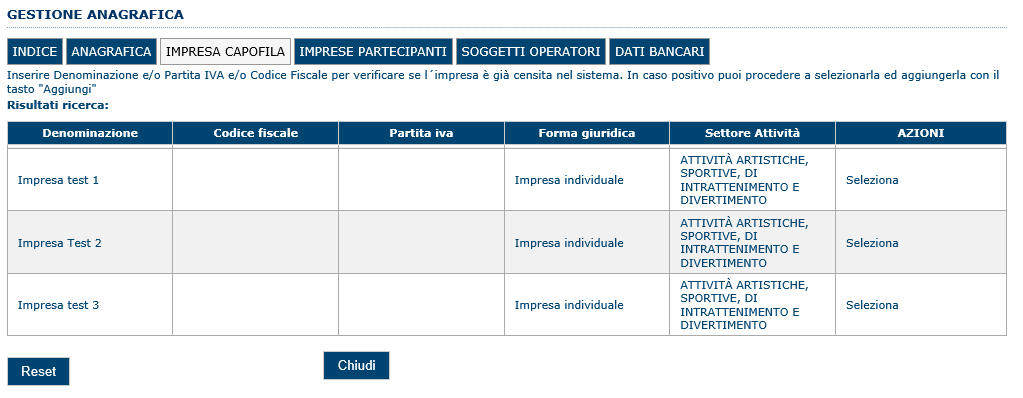 Nota: Non si dovranno reinserire i dati delle singole imprese ma basterà richiamare i profili già inseriti nella precedente fase seguendo le istruzioni dei paragrafi seguenti. 5.3.