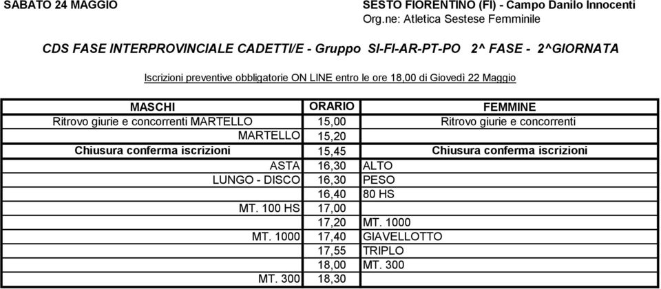 obbligatorie ON LINE entro le ore 18,00 di Giovedì 22 Maggio Ritrovo giurie e concorrenti MARTELLO 15,00 Ritrovo giurie e concorrenti