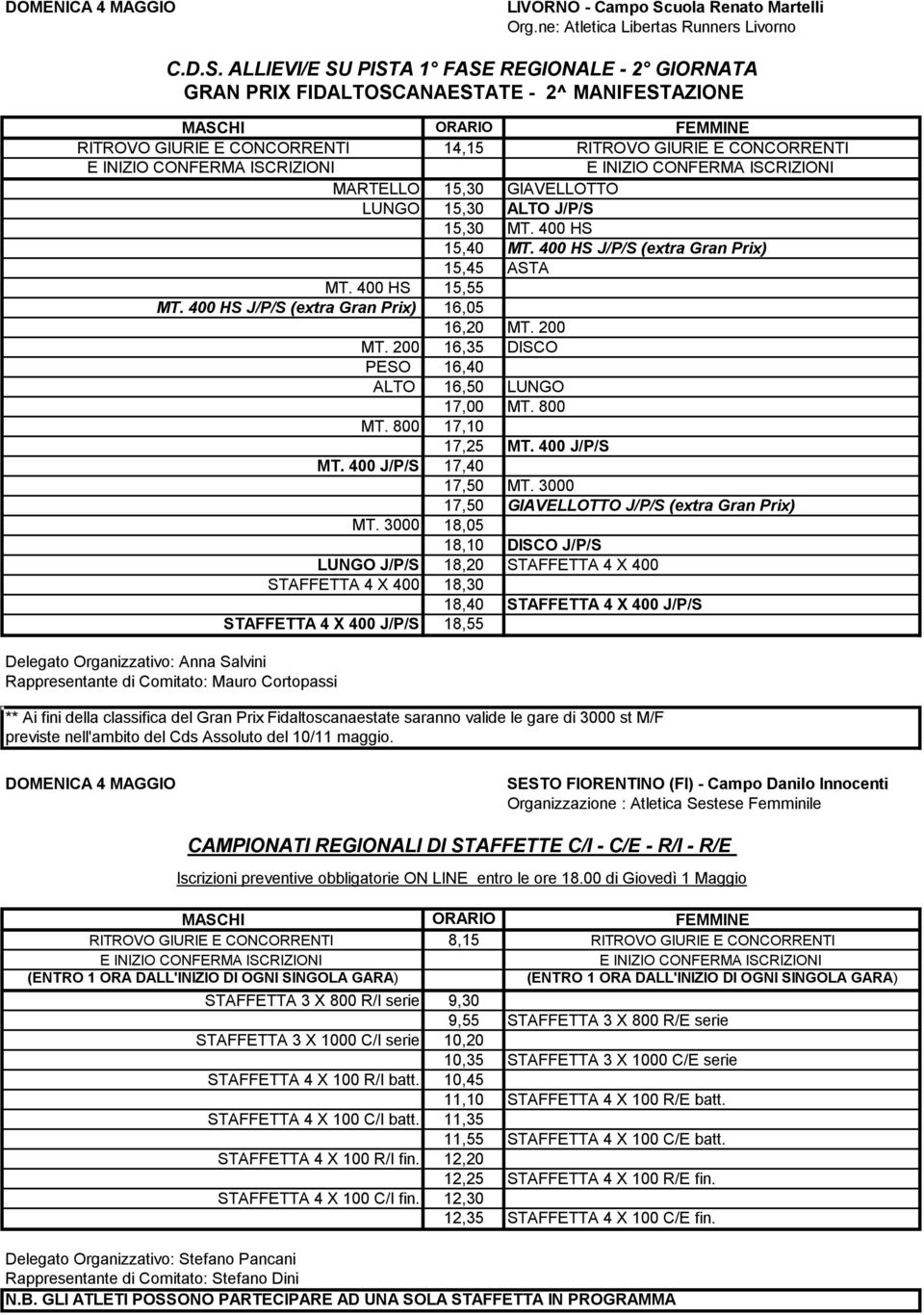 ALLIEVI/E SU PISTA 1 FASE REGIONALE - 2 GIORNATA GRAN PRIX FIDALTOSCANAESTATE - 2^ MANIFESTAZIONE RITROVO GIURIE E CONCORRENTI 14,15 RITROVO GIURIE E CONCORRENTI MARTELLO 15,30 GIAVELLOTTO LUNGO