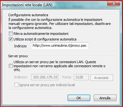 20.Cliccare sul tasto Impostazioni LAN, appare : Impostare Utilizza script di configurazione automatica e digitare l indirizzo: http://www.uninsubria.it/proxy.