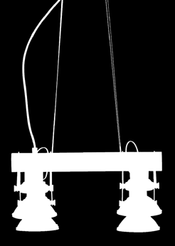 Apparecchio di illuminazione a sospensione con quattro luci orientabili in ogni direzione. Corpo in metallo verniciato grigio con finiture cromate. Cavi di sospensione di acciaio.