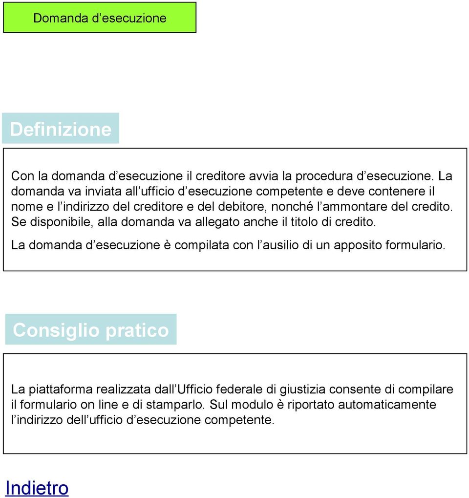 credito. Se disponibile, alla domanda va allegato anche il titolo di credito. La domanda d esecuzione è compilata con l ausilio di un apposito formulario.