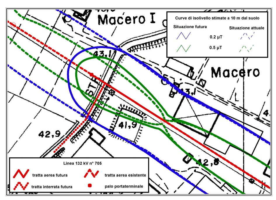 Per stimare il campo magnetico emesso nella zona intorno al palo portaterminale si è utilizzato il software EFC400, dividendo la linea in parte aerea, parte interrata e parte sul palo.