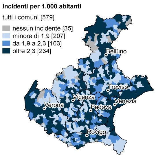 FIGURA 1. UTENTI VULNERABILI PER ETÀ E RUOLO E UTENTI NEL COMPLESSO MORTI PER INCIDENTE STRADALE IN VENETO E IN ITALIA.