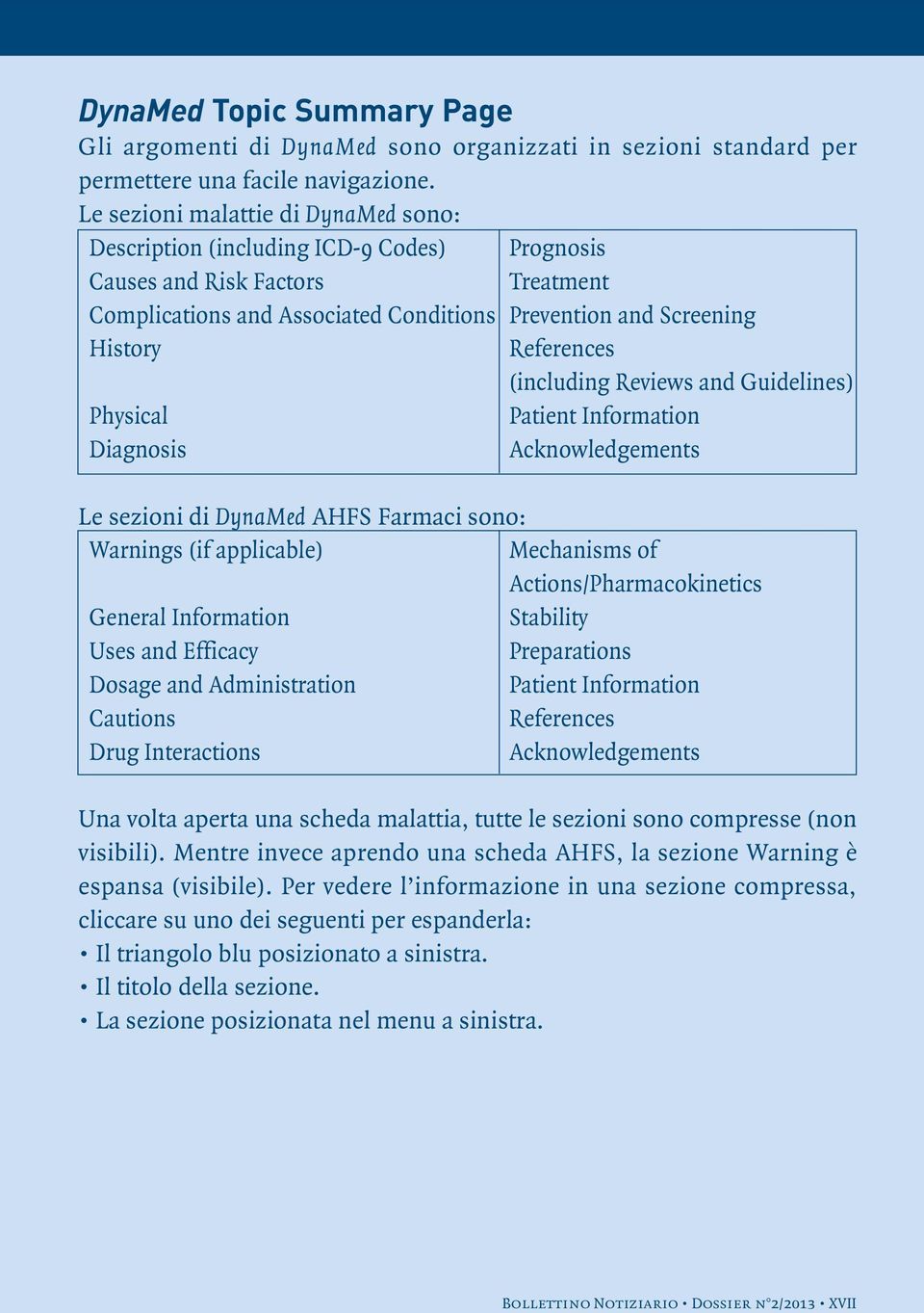 References (including Reviews and Guidelines) Physical Patient Information Diagnosis Acknowledgements Le sezioni di DynaMed AHFS Farmaci sono: Warnings (if applicable) Mechanisms of