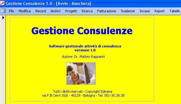 Manuale d uso software Gestione Consulenze Presentazione Gestione Consulenze è il software per gestire correttamente l attività del consulente aziendale ovvero: _ gestione del progetto consulenza: _