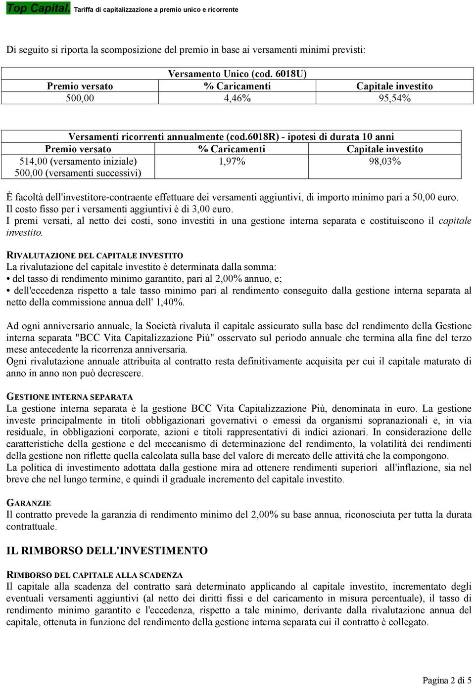 6018r) - ipotesi di durata 10 anni Premio versato % Caricamenti Capitale investito 514,00 (versamento iniziale) 500,00 (versamenti successivi) 1,97% 98,03% È facoltà dell'investitore-contraente