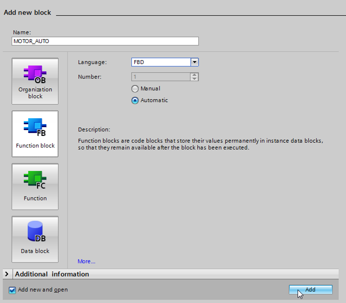 Nominare il nuovo blocco: MOTOR_AUTO, impostare il linguaggio FBD e far assegnare il numero automaticamente (Number > Automatic).