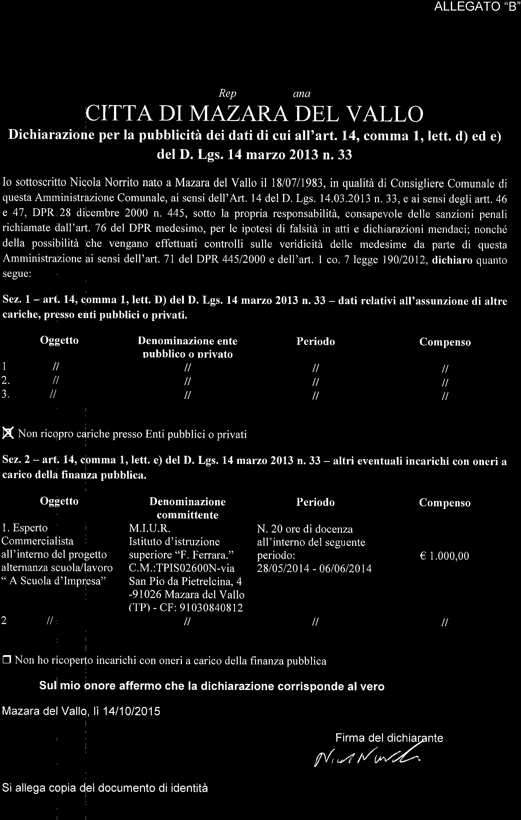 ALLEGATO "B'' CITTA DI MAZARA DEL VAI-LO Dichiarazione per la pubblicità dei dati di cui all'art. X.4, comma 1, lett. d) ed e) del D. Lgs. 14 marzo 2013 n.