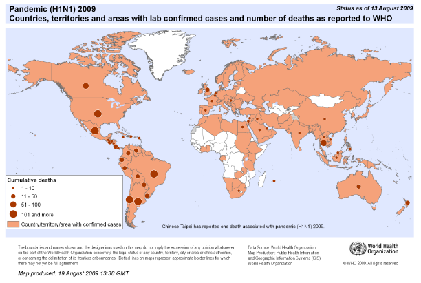 http://www.who.int/csr/don/2009_08_21/en/index.html Totale cumulativo al 13 Agosto 2009 Regione OMS Casi stimati Decessi Africa (AFRO) 1.469 3 Americhe (AMRO) 105.882 1.