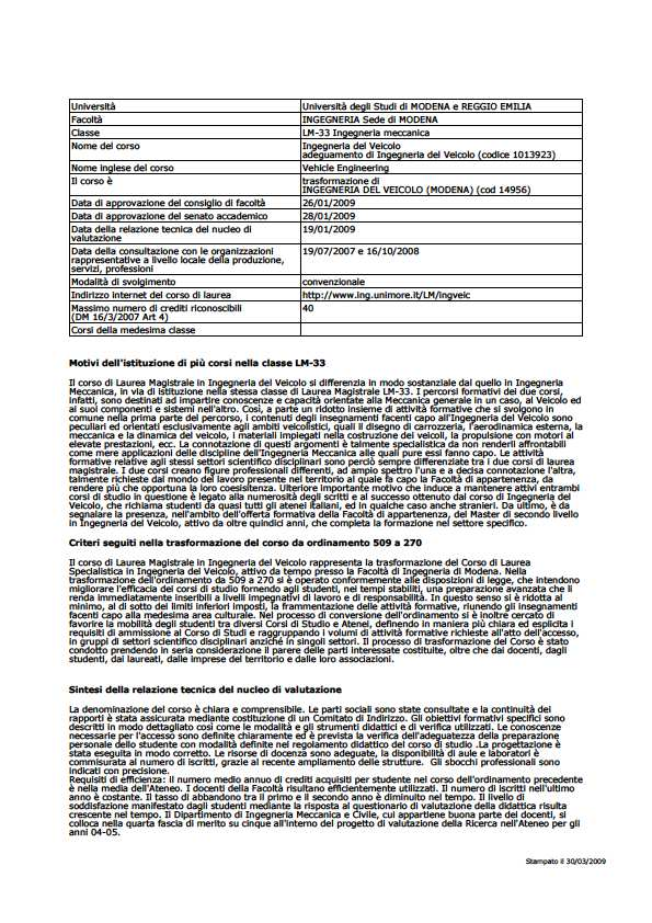 ALLEGATO 1 Ordinamento didattico (RAD) del Corso di Laurea Magistrale in Ingegneria del Veicolo (classe di