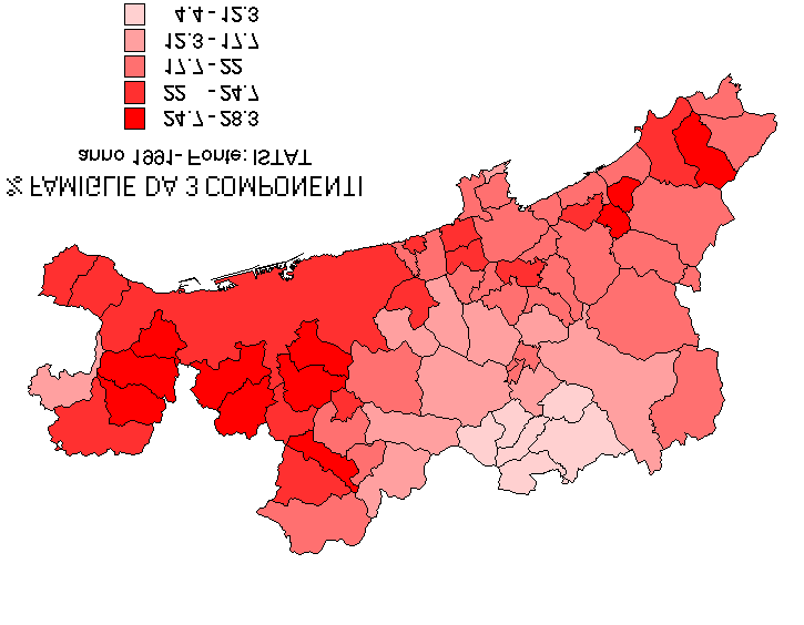 Le famiglie con 1 componente sono presenti con una forte incidenza nei comuni prettamente montani: ciò ricalca quanto già visto in precedenza, anche a riguardo della distribuzione della popolazione