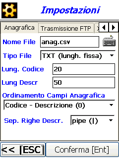 ANAGRAFICA In questa pagina si possono settare le impostazioni del file di anagrafica dei codici. Nome File: nome del file di importazione dati (con estensione).