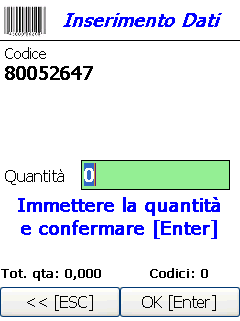 Terminato l inserimento premere il tasto ENTER per confermare; si passerà quindi alla schermata di inserimento quantità esattamente come se il codice fosse stato letto dallo