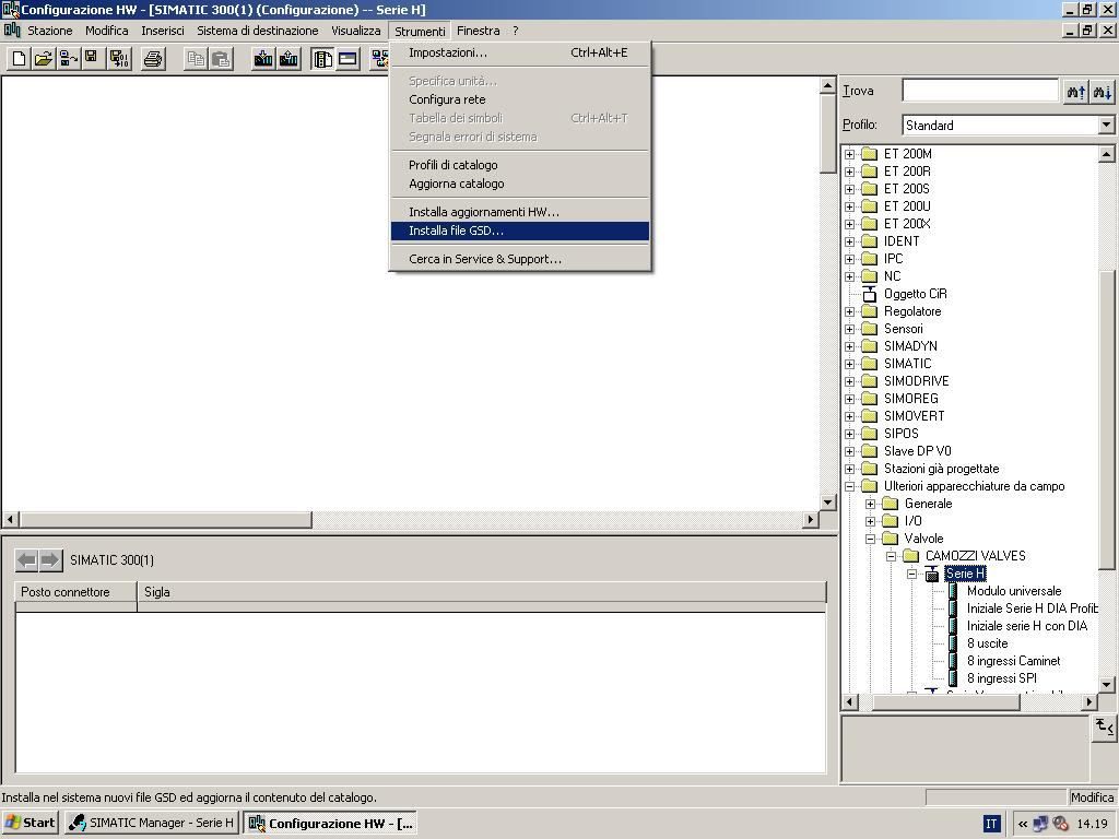 pagina 24/40 Comando [Installa file GSD] nel menù strumenti della configurazione HW che permette di inserire il file GSD nel catalogo HW Posizione del Nodo Serie CP2 e dei suoi moduli all interno del