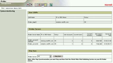 Figura 22 Esempio di monitoraggio del sistema ifolder In questa sezione della console di gestione ifolder viene elencato quanto segue:! Tutti i server LDAP utenti.