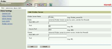 Aggiunta di server ifolder Per aggiungere più server ifolder: 1 Nella console di gestione ifolder, fare clic su Global Settings (Impostazioni globali).