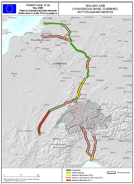 Mulhouse-Lione: Avvio dei cantieri per fasi progressive ed entrata in esercizio prevista nel 2020 Basilea-Berna-Sempione-Novara-Genova: Il nuovo tunnel del Loetschberg (ad una canna) è entrato in