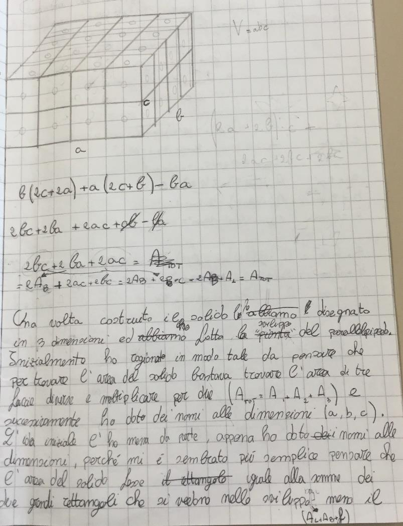 Anche lui descrive il percorso fatto: prima capisce che per trovare l area della superficie basta calcolare l area di tre facce, sommarla e raddoppiarla.