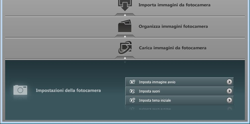 Impostazioni My Camera Modifica del suono dello scatto e dell immagine di avvio In apposite schermate è possibile impostare l immagine di avvio da visualizzare all accensione della fotocamera nonché